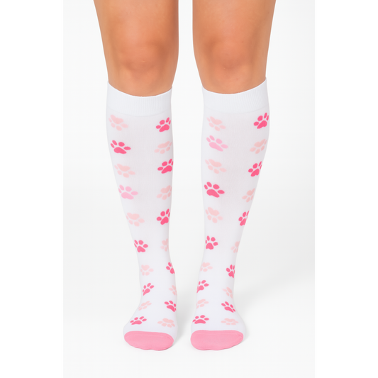 Pink And White Paw Print Compression Socks | Cute Fun Non Medical | Unisex