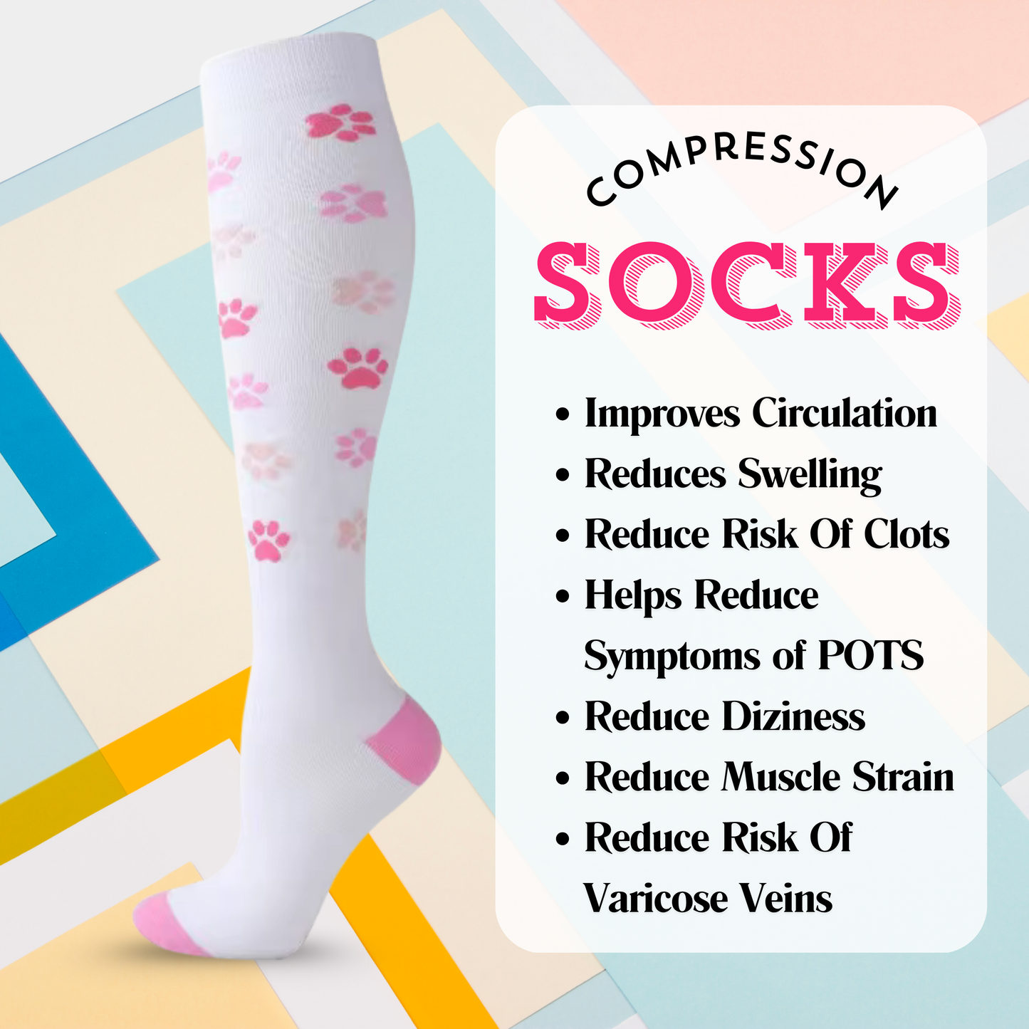 Pink And White Paw Print Compression Socks | Cute Fun Non Medical | Unisex