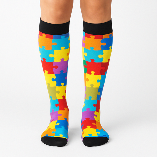 Autism Awareness Rainbow Jigsaw Compression Socks | Cute Fun Non Medical | Unisex
