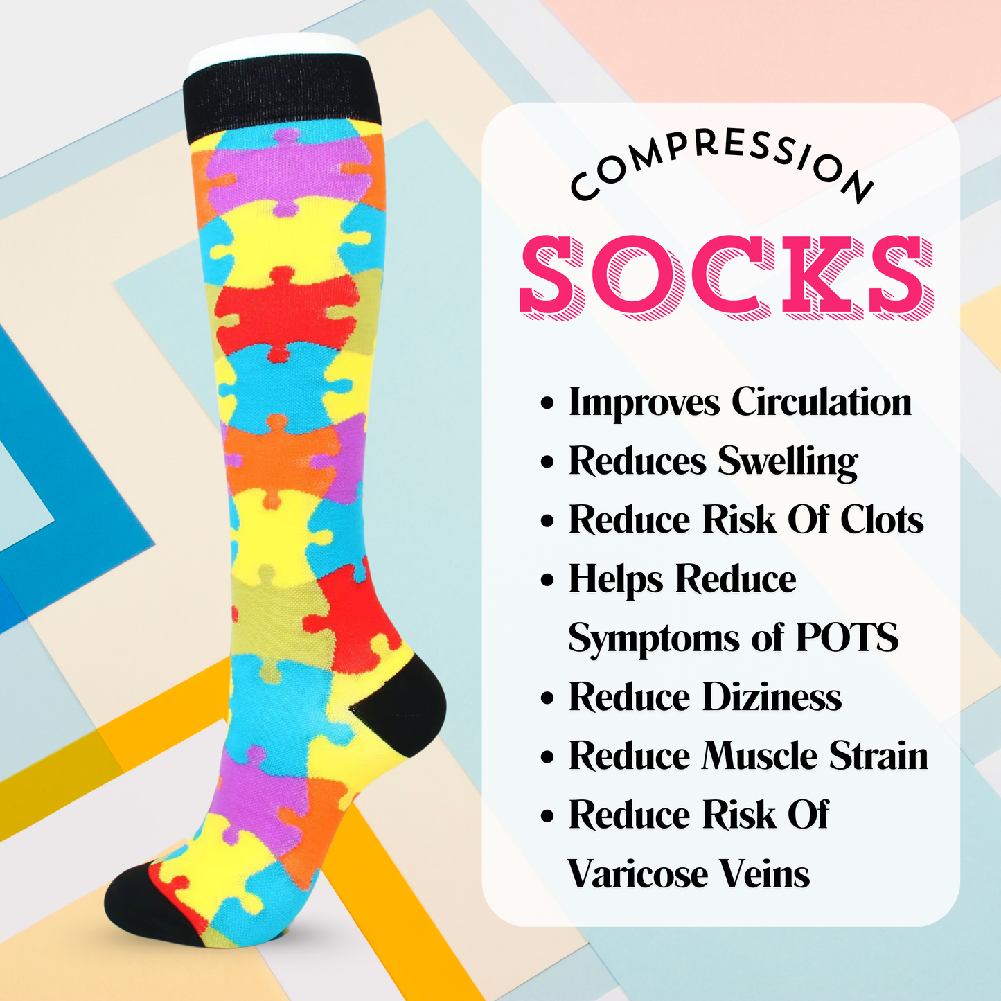 Autism Awareness Rainbow Jigsaw Compression Socks | Cute Fun Non Medical | Unisex