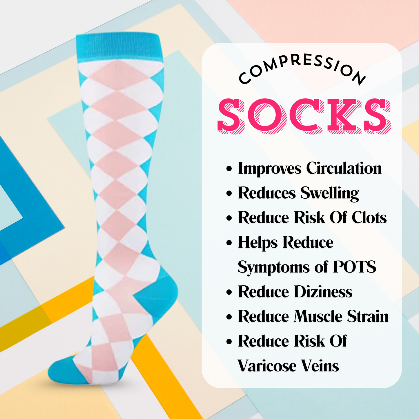 Teal And Peach Harlequin Compression Socks | Cute Fun Non Medical | Unisex