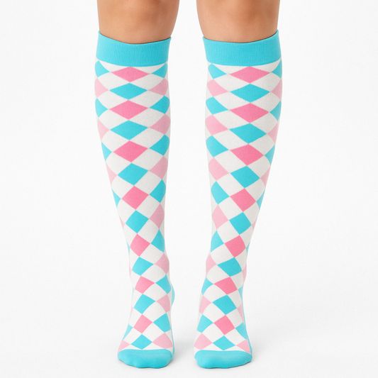 Blue And Pink Harlequin Compression Socks | Cute Fun Non Medical | Unisex