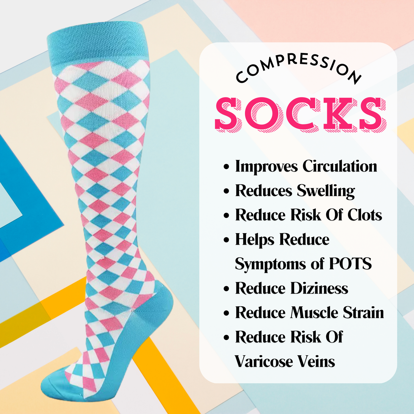 Blue And Pink Harlequin Compression Socks | Cute Fun Non Medical | Unisex