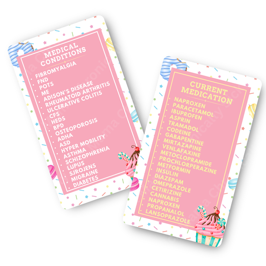 Sweet Treats Cake Design | Medical And Medication Cards | List Your Medical Conditions And Medication And Never Forget Them