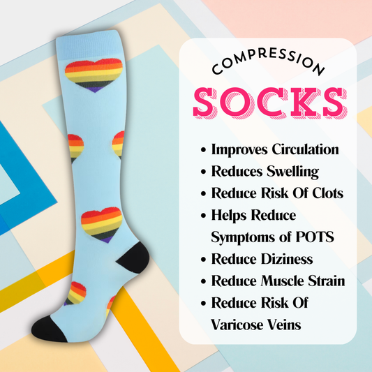 Blue Rainbow Heart Compression Socks | Cute Fun Non Medical | Unisex