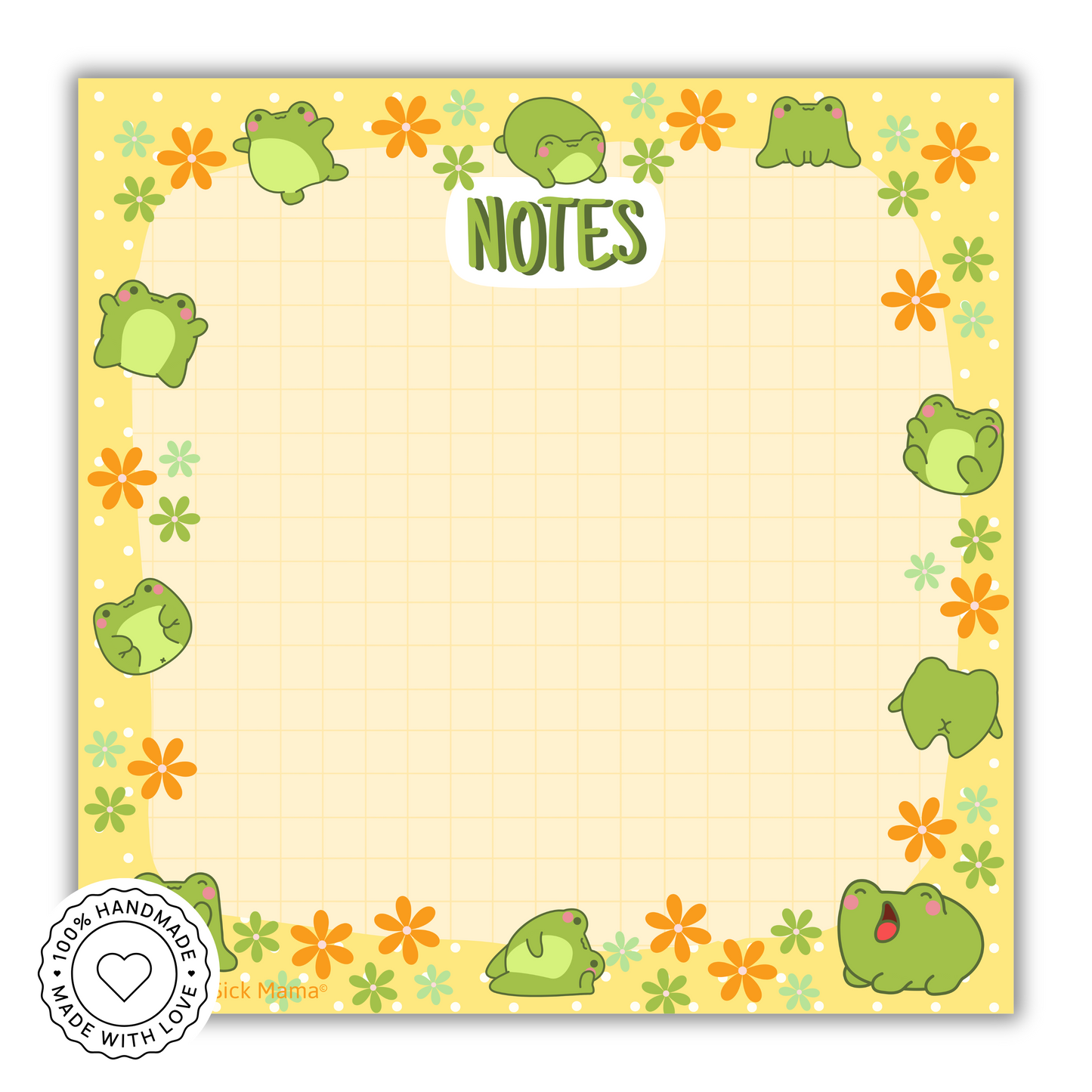 Notepad with cartoon frogs and flowers on a yellow background