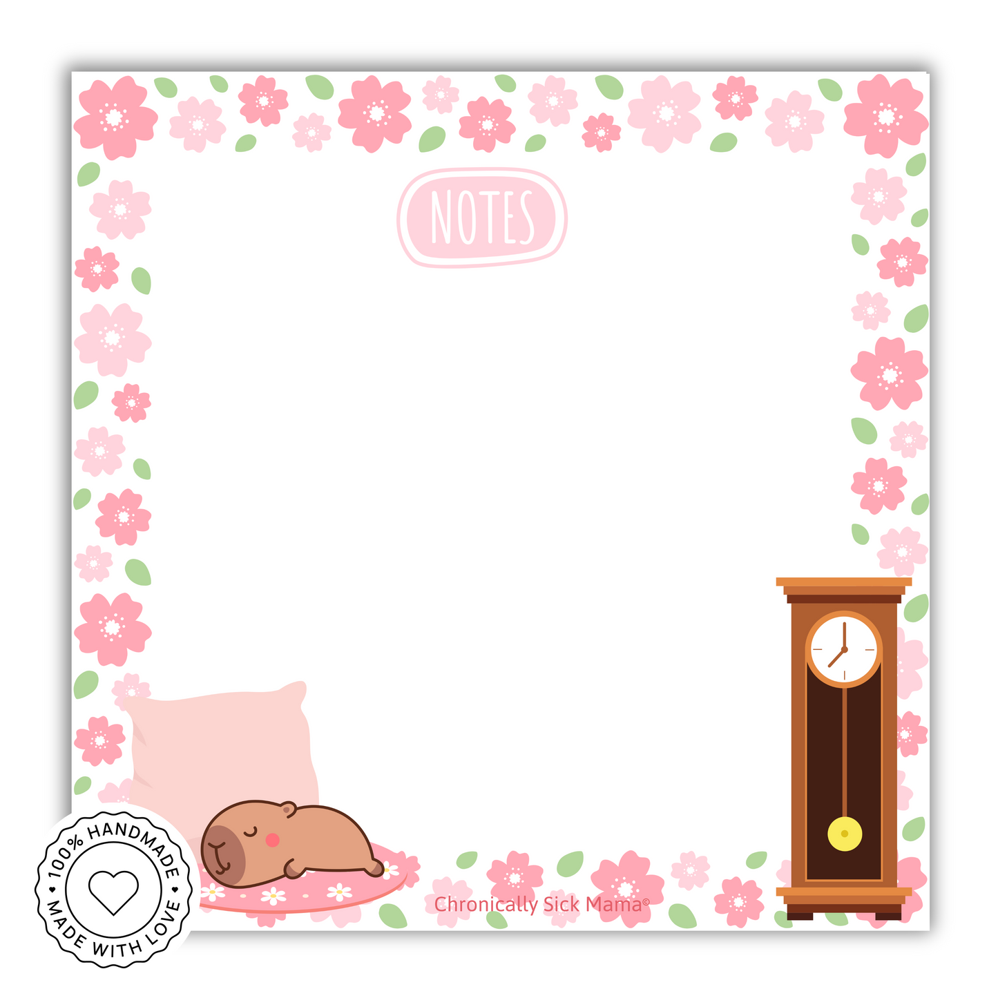 Notepad with cartoon sloth, clock, and flowers on a white background