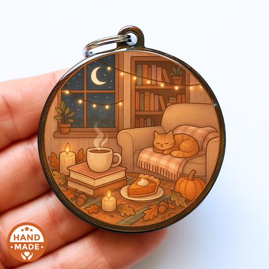 Cosy Cat Book Nook Autumnal Fall Scannable NFC Keychain
