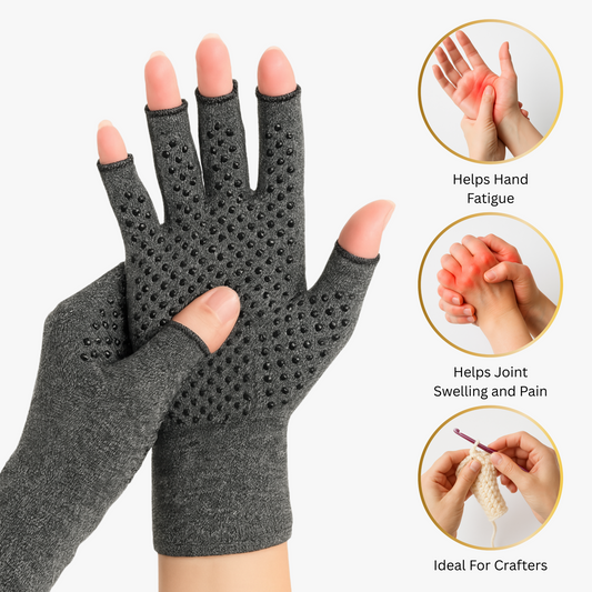 Gray compression glove with text highlighting benefits on a white background