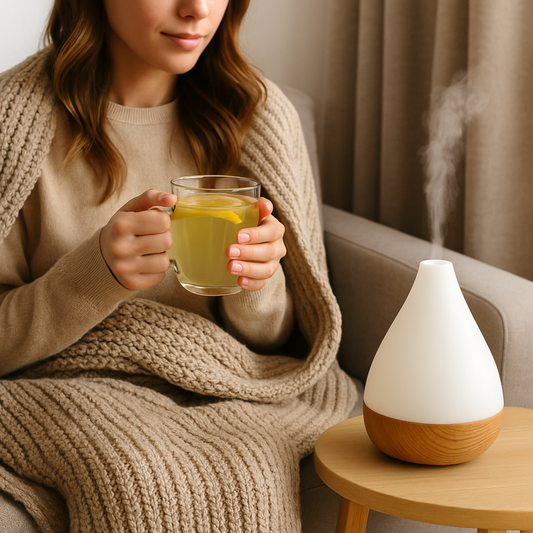 Person holding a mug of tea next to a diffuser on a table