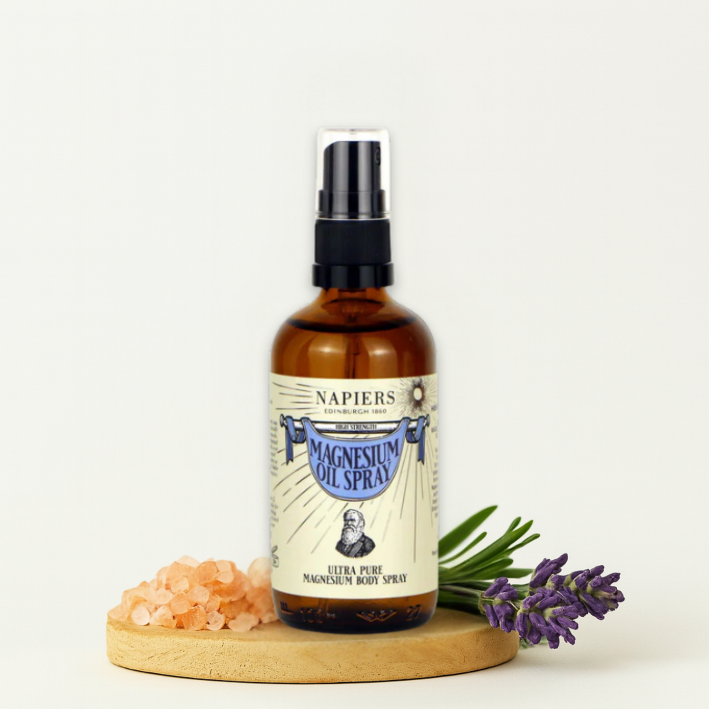Bottle of Napiers Magnesium Oil Spray with lavender and sea salt on a white background