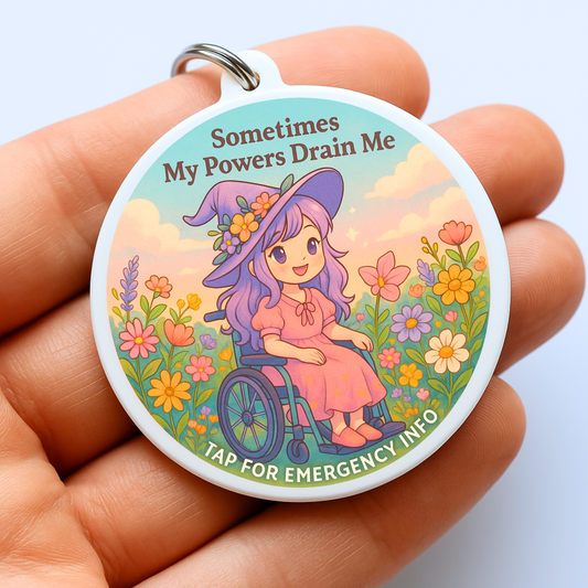 WHITE ME CFS FIBRO MS Witch | My Powers Drain Me | Emergency Alert Scannable NFC Keychain