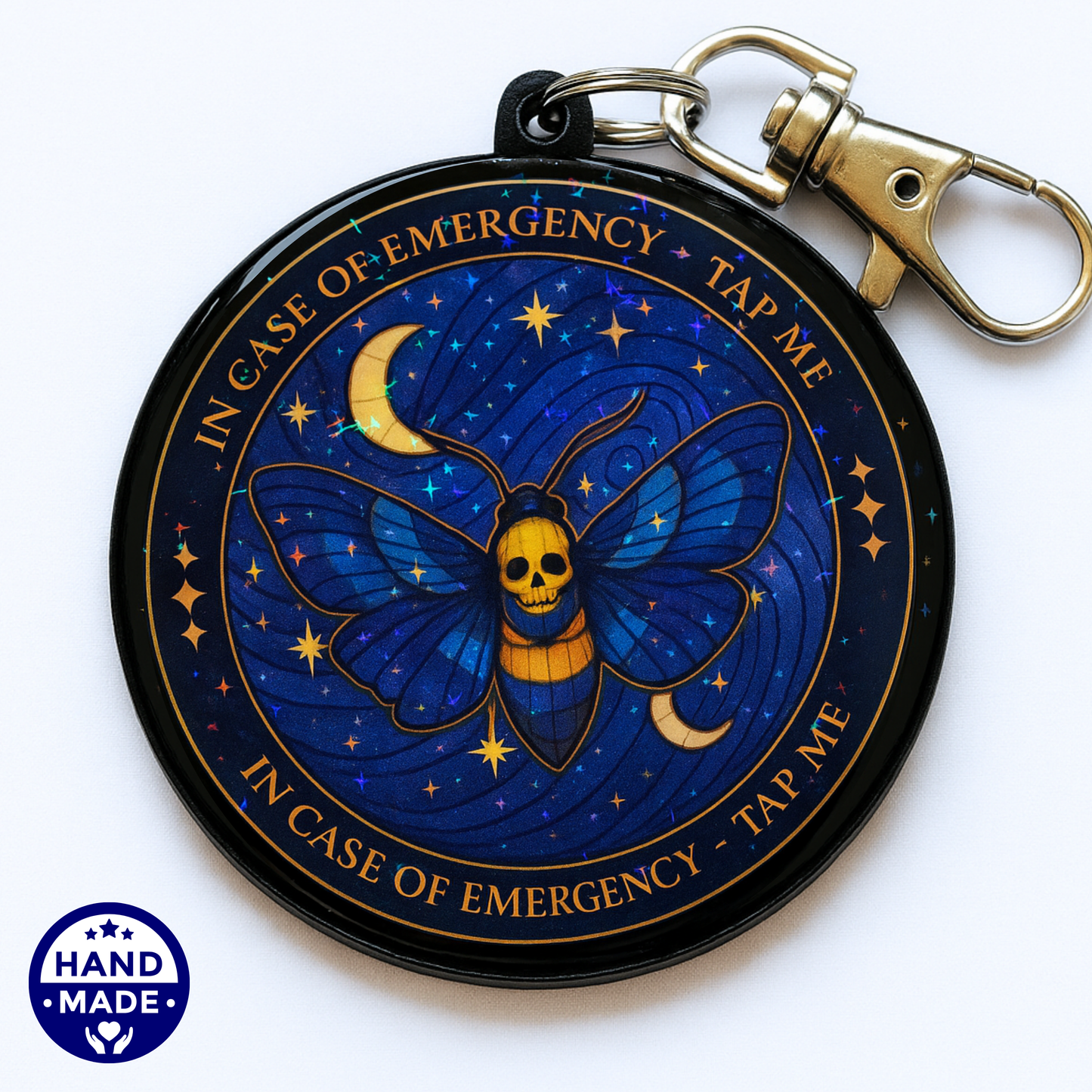 Blue Celestial Moth | Witchy Emergency Alert Scannable NFC Keychain