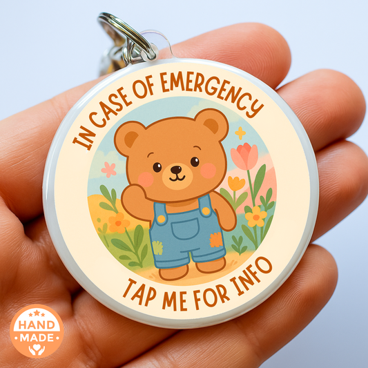 In Case Of Emergency Bear - Tan | In Case Of Emergency | Emergency Contact For Kids | Lost | Scannable NFC Keychain