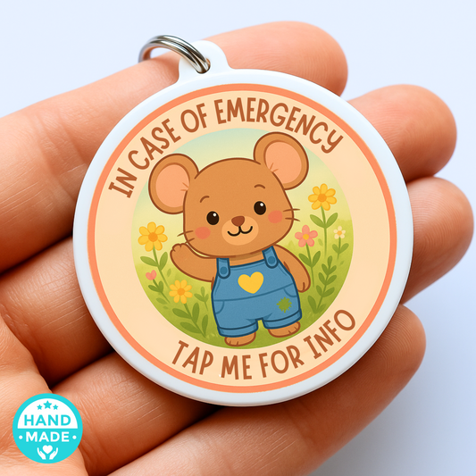 In Case Of Emergency Mouse - Tan | In Case Of Emergency | Emergency Contact For Kids | Lost | Scannable NFC Keychain