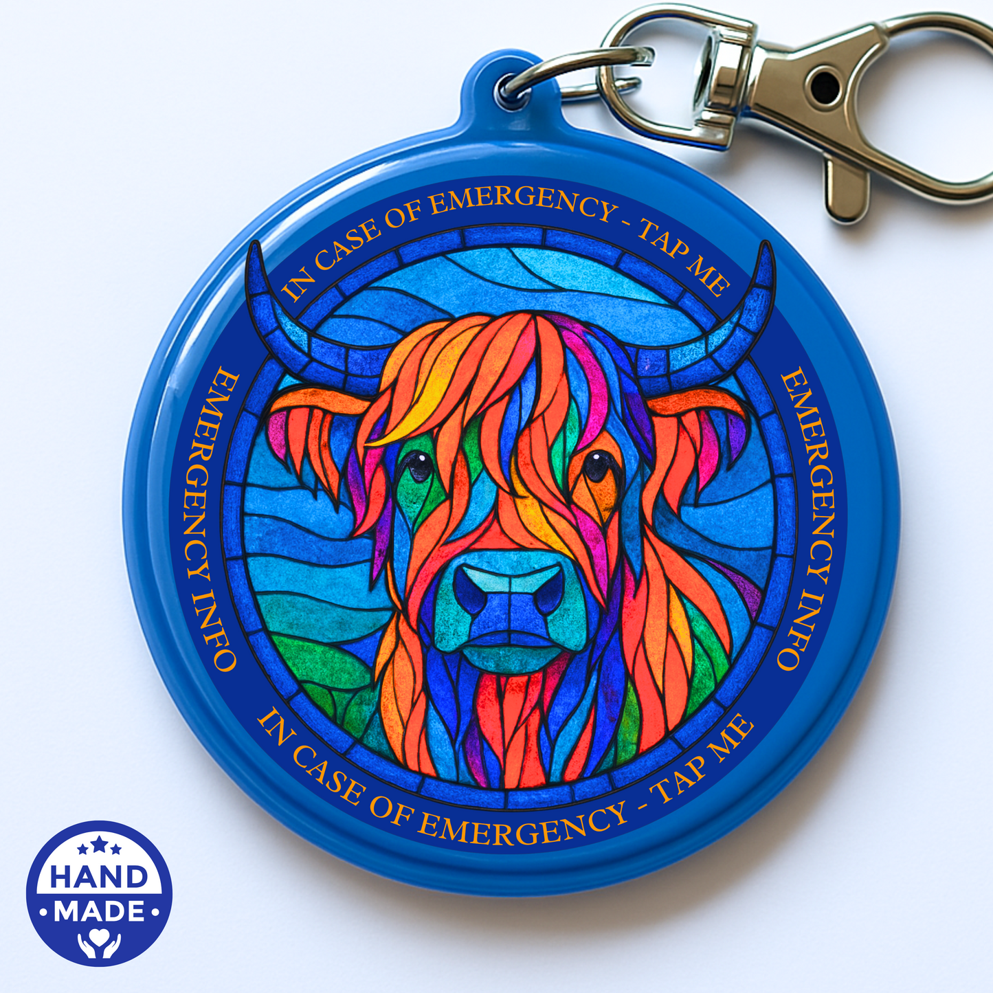 Horned Highland Cow Stained Glass | Emergency Alert Scannable NFC Keychain