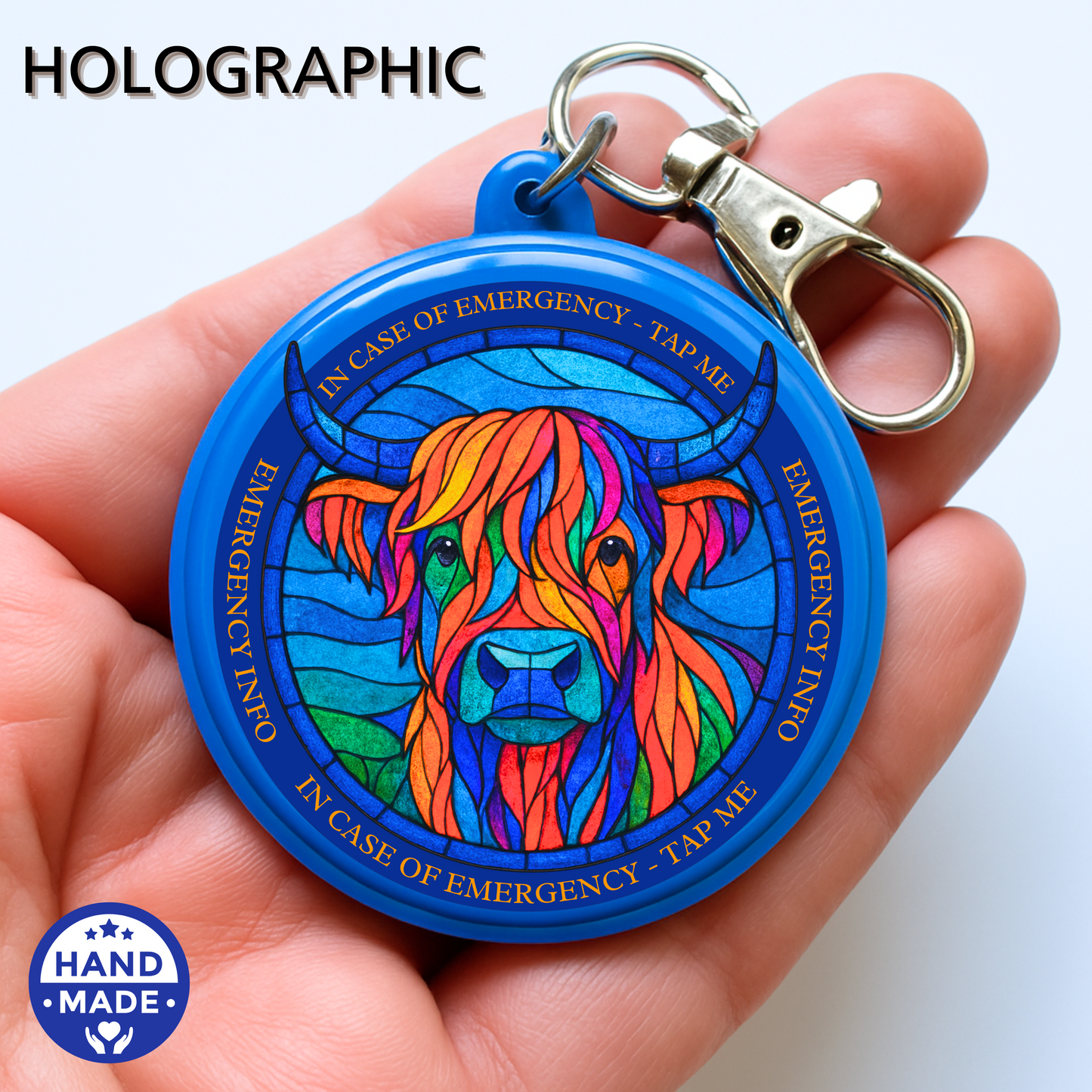 Horned Highland Cow Stained Glass | Emergency Alert Scannable NFC Keychain