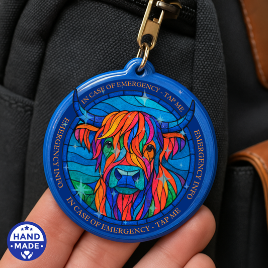 Horned Highland Cow Stained Glass | Emergency Alert Scannable NFC Keychain