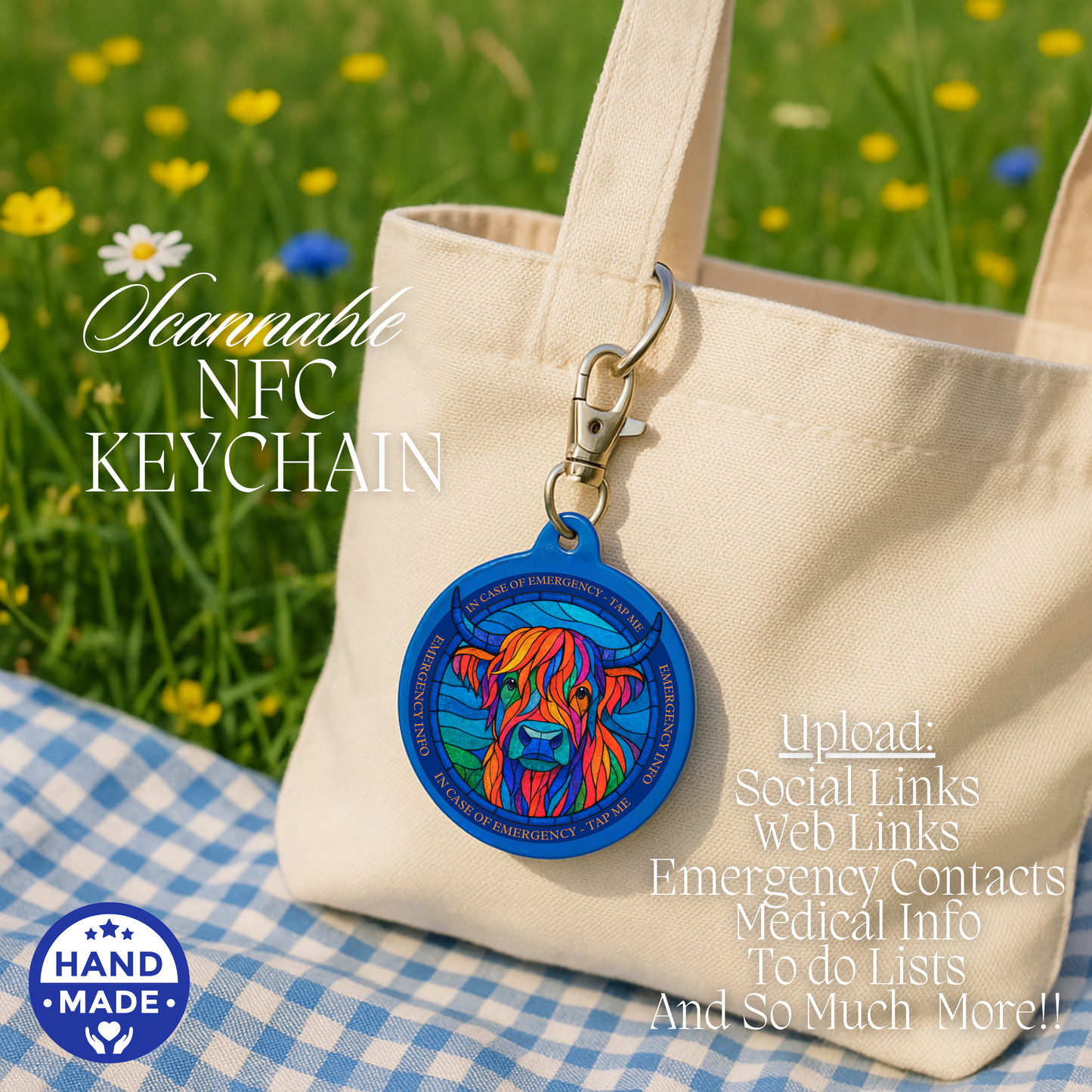 Horned Highland Cow Stained Glass | Emergency Alert Scannable NFC Keychain