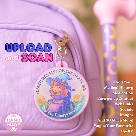 Pink ME CFS FIBRO MS Witch | My Powers Drain Me | Emergency Alert Scannable NFC Keychain