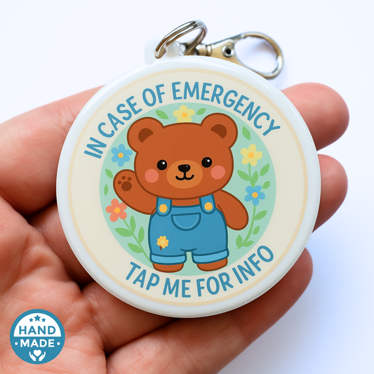 In Case Of Emergency bear - White | In Case Of Emergency | Emergency Contact For Kids | Lost | Scannable NFC Keychain