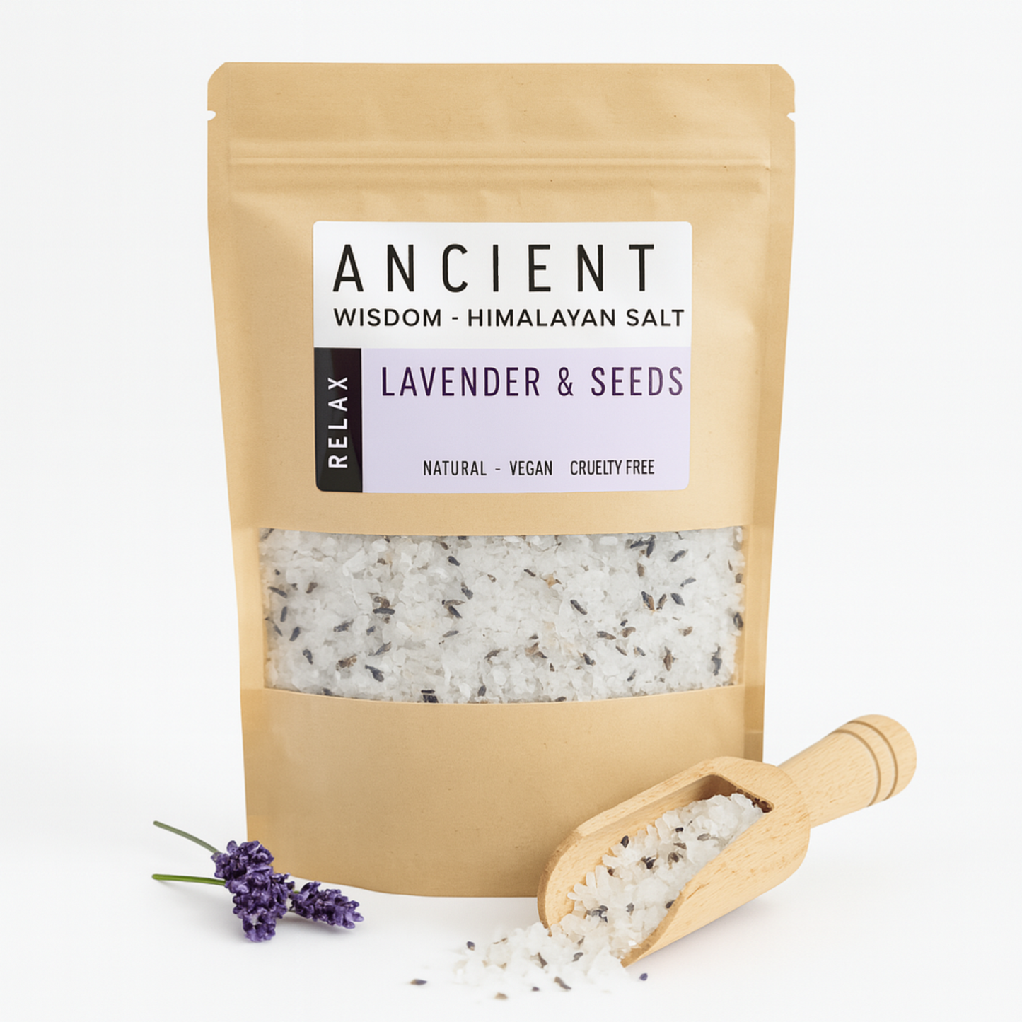 Bag of Himalayan salt with lavender and seeds, labeled 'Ancient Wisdom', on a white background.