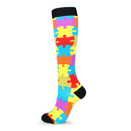 Autism Awareness Rainbow Jigsaw Compression Socks | Cute Fun Non Medical | Unisex