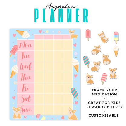 Corgi Ice Cream Magnetic Planner | Pill Tracker | Rewards Chart | Habit Tracker
