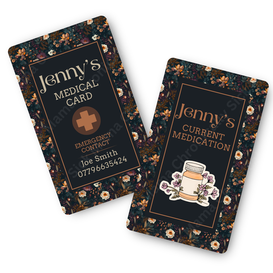 Autumnal Fall Orange And Black Floral | Medical And Medication Cards | List Your Medical Conditions And Medication And Never Forget Them
