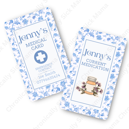 Blue Victorian Vintage Floral Style | Medical And Medication Cards | List Your Medical Conditions And Medication And Never Forget Them