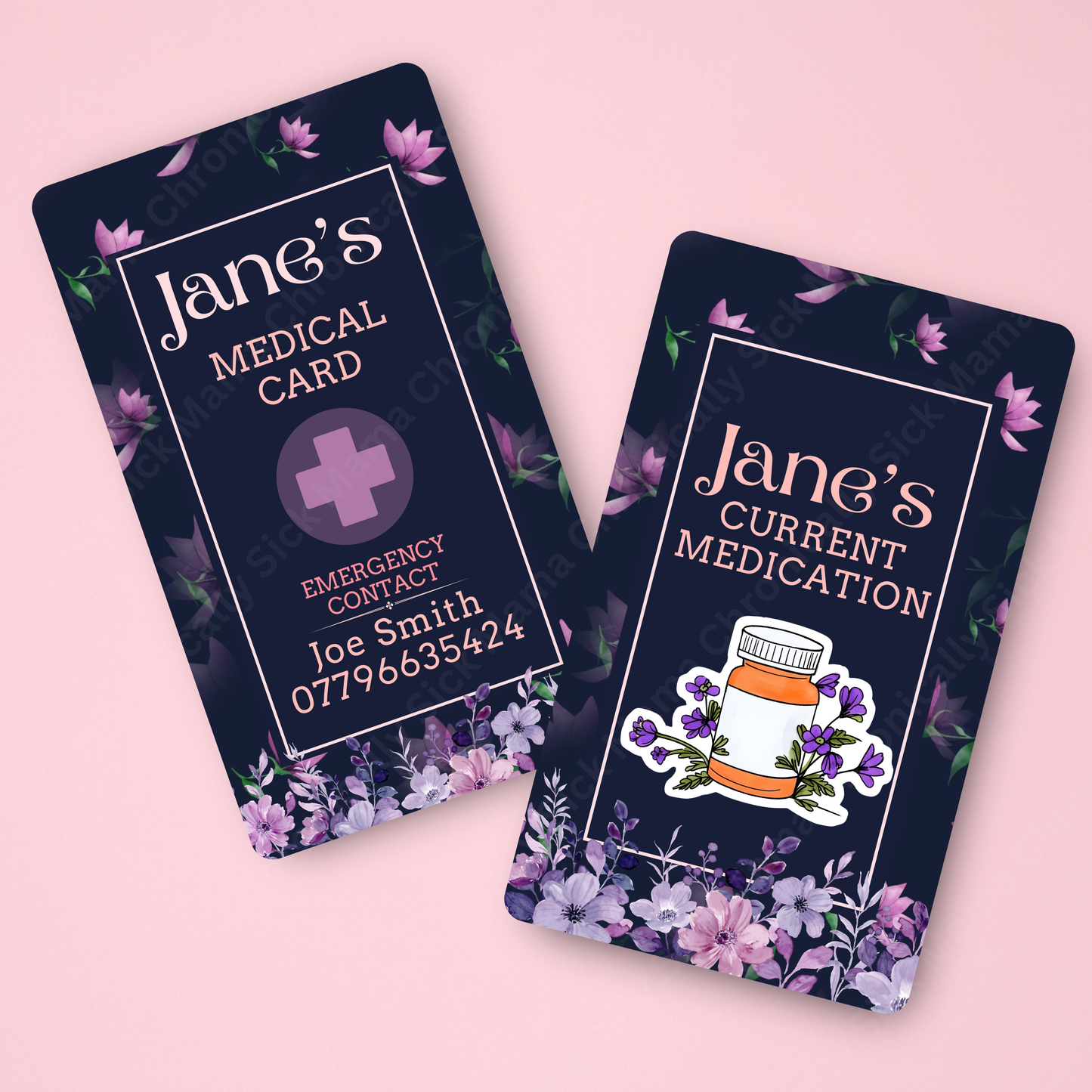 CUSTOMIZED Waterproof Medical Cards PAIR - Purple Floral