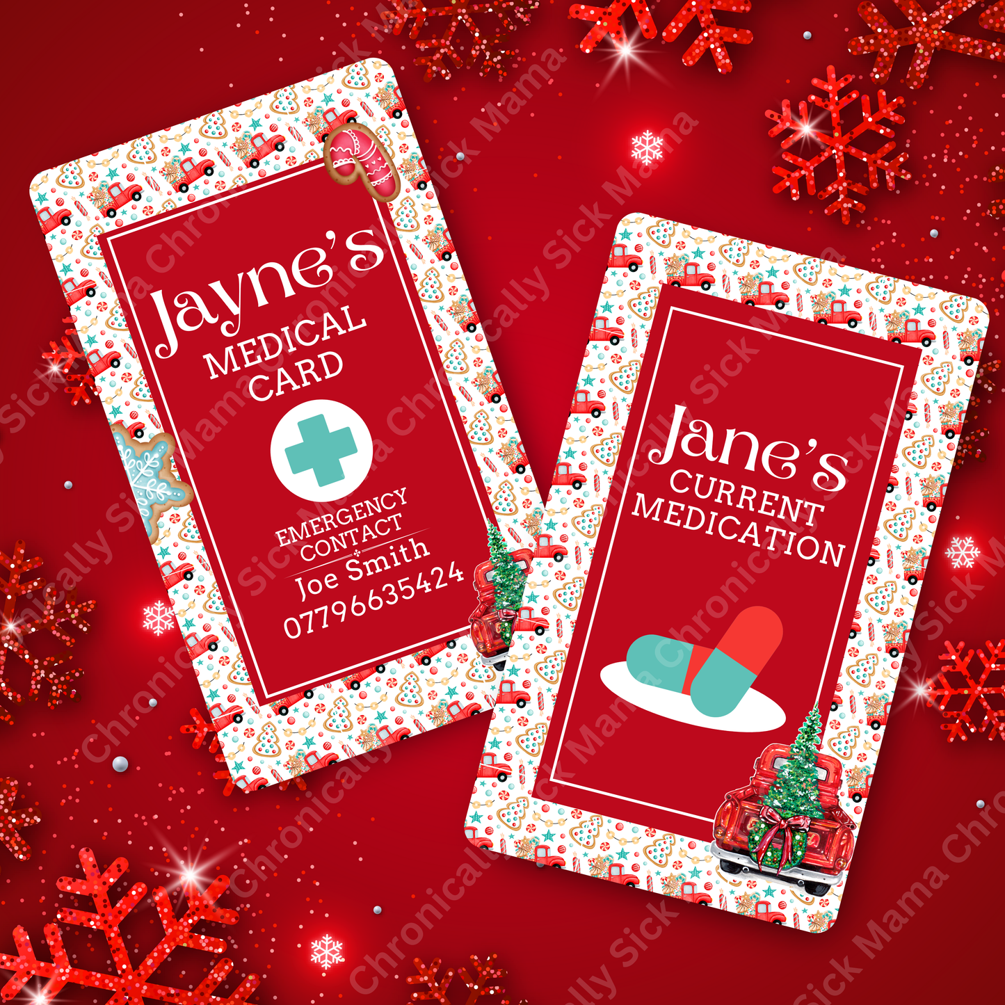 CUSTOMIZED Waterproof Medical Cards PAIR - Lil Red Truck Haulin' a Christmas Tree