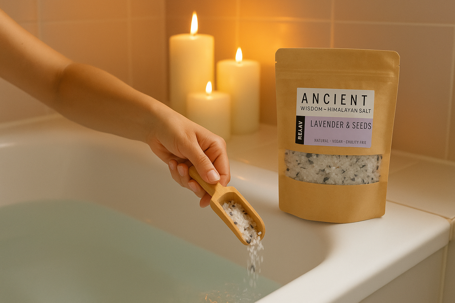 Person adding Himalayan salt to a bath with candles in the background