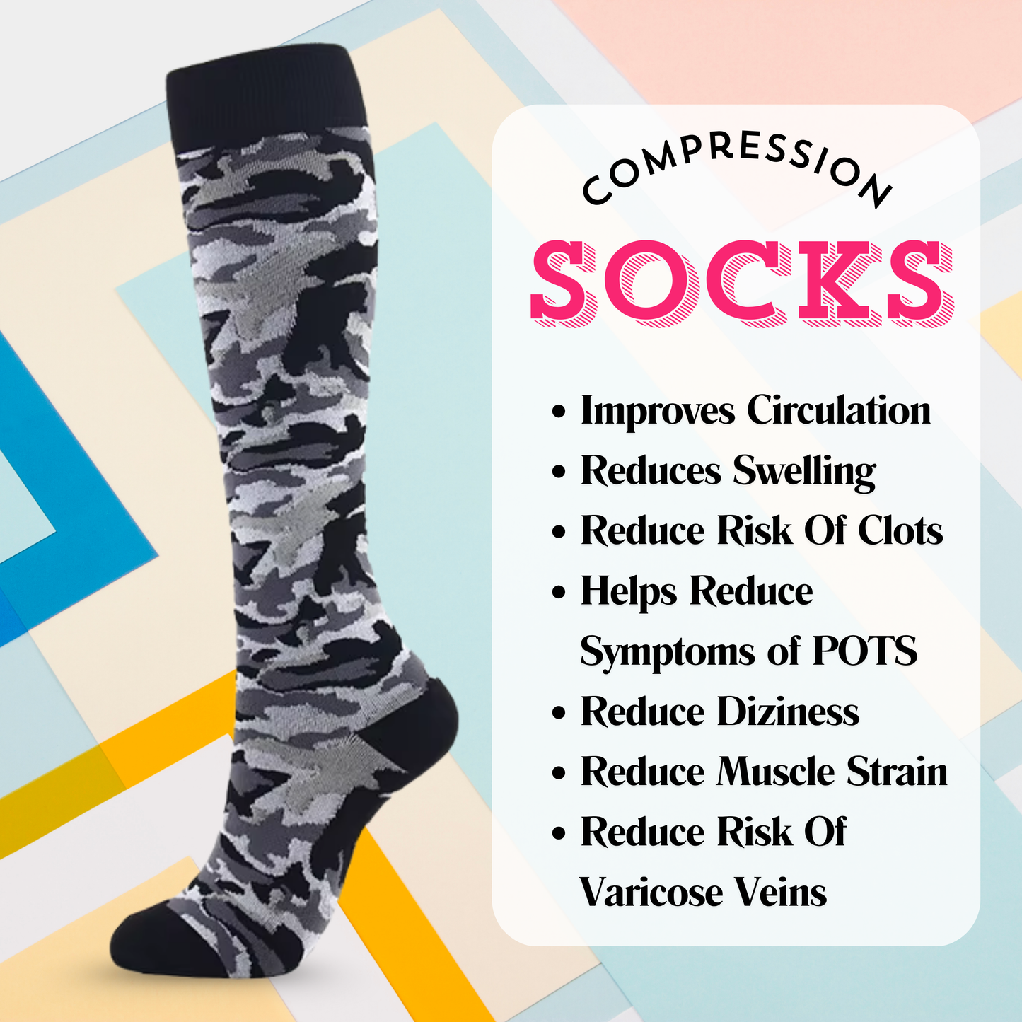Black and Grey Camo Camouflage Compression Socks | Cute Fun Non Medical | Unisex
