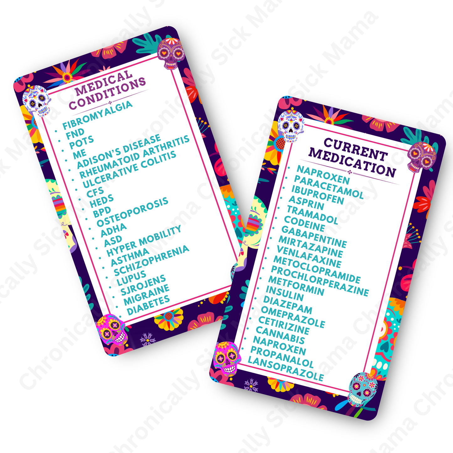 Day Of The Dead Candy Skull Design | Medical And Medication Cards | List Your Medical Conditions And Medication And Never Forget Them