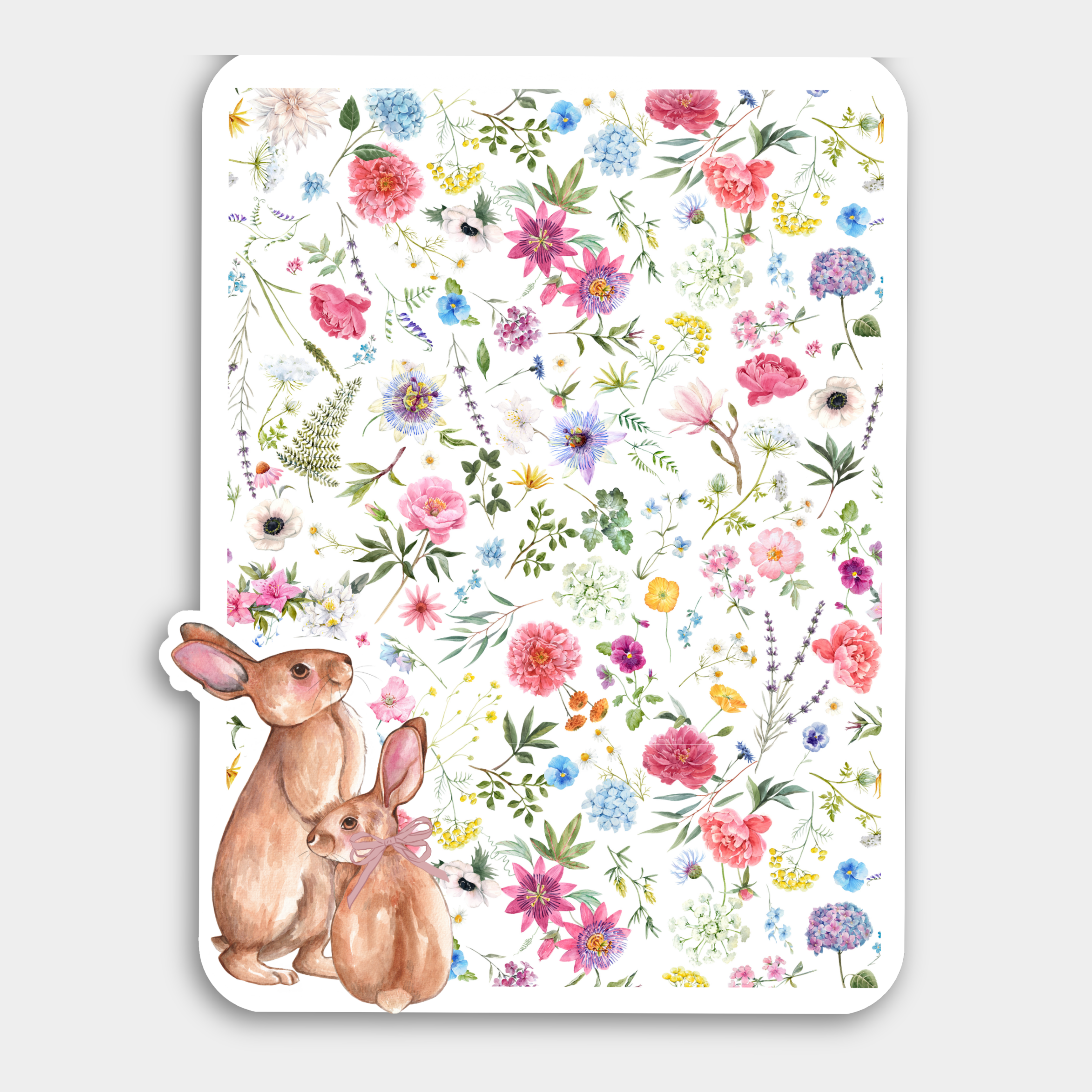 Floral patterned bookmark with two rabbits on a white background