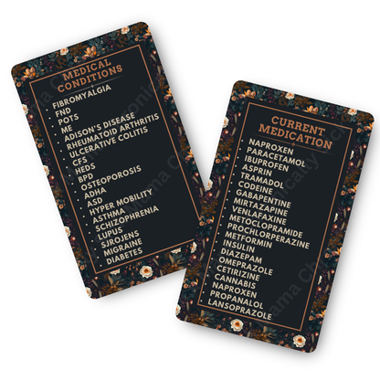 Autumnal Fall Orange And Black Floral | Medical And Medication Cards | List Your Medical Conditions And Medication And Never Forget Them