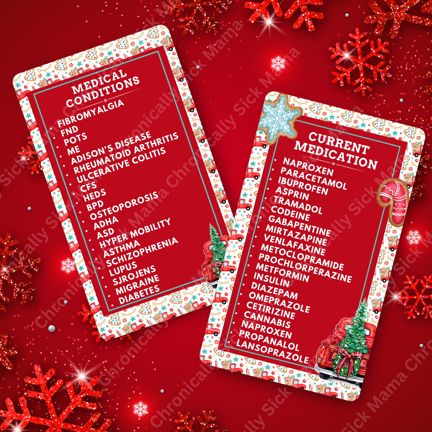 CUSTOMIZED Waterproof Medical Cards PAIR - Lil Red Truck Haulin' a Christmas Tree