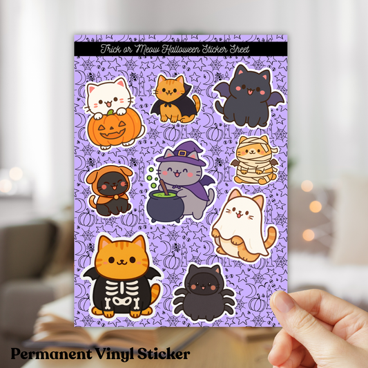 Spooky Cat Trick Or Meow Vinyl Sticker Sheet | Halloween Stationary