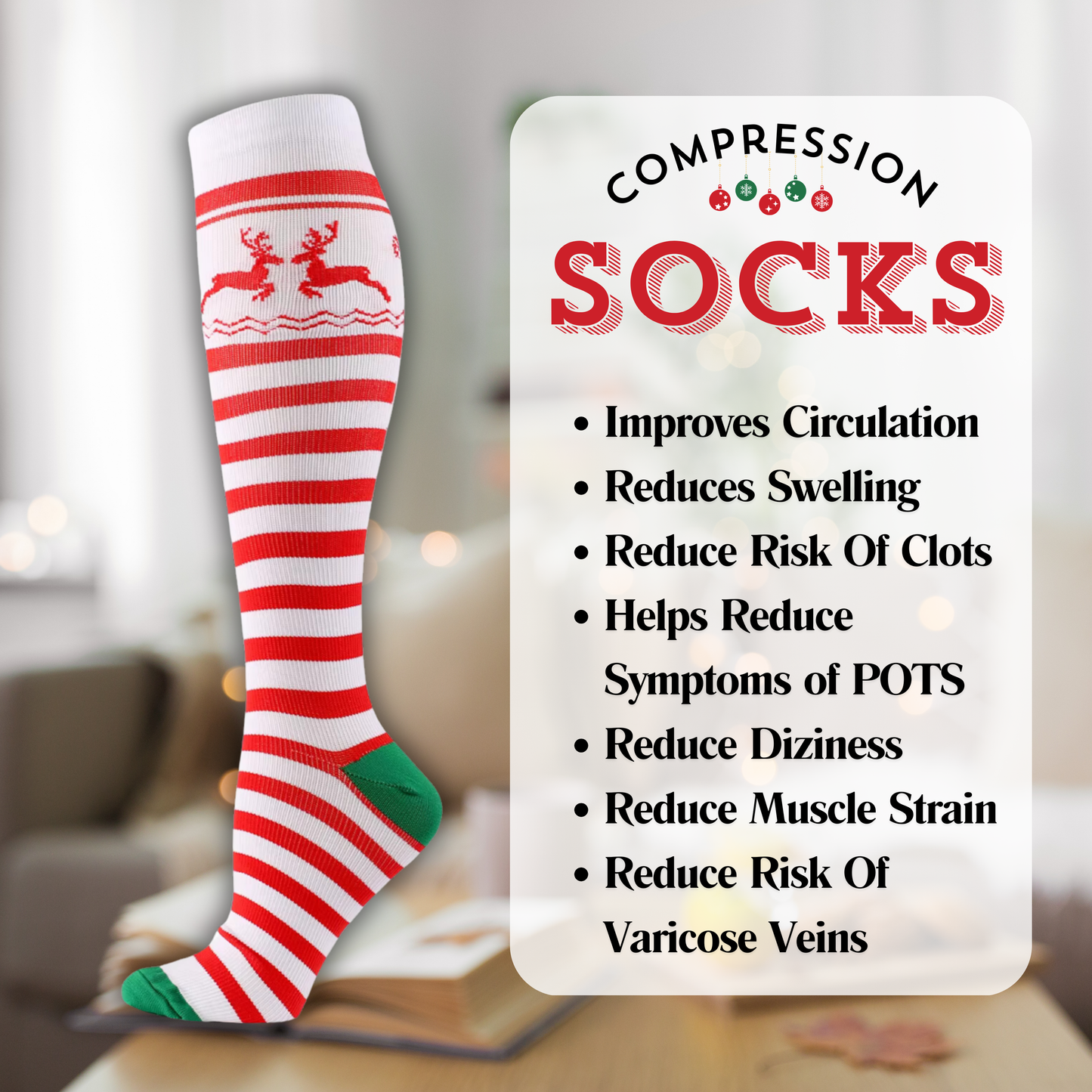 Christmas Compression Socks Striped Reindeer