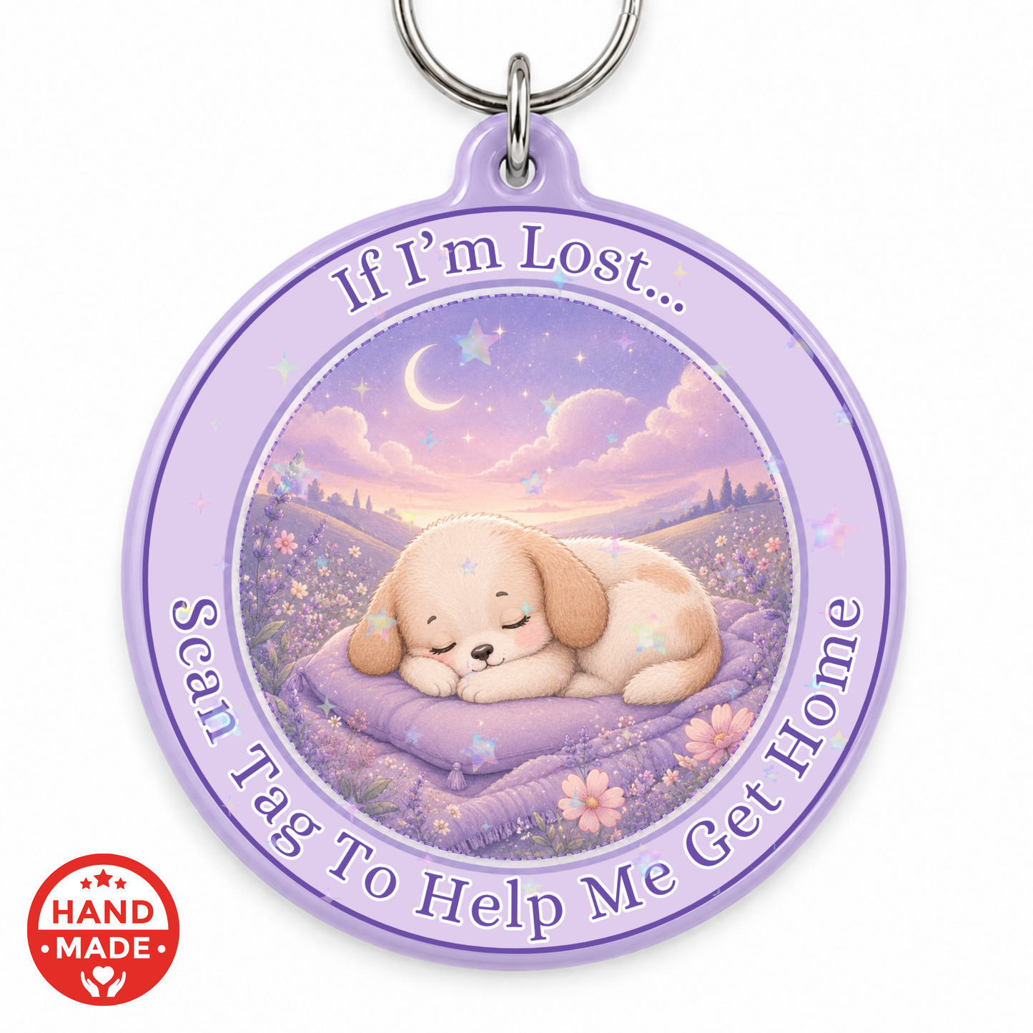 PURPLE PUPPY LOST CHILD SCANNABLE TAG - EMERGENCY CONTACT