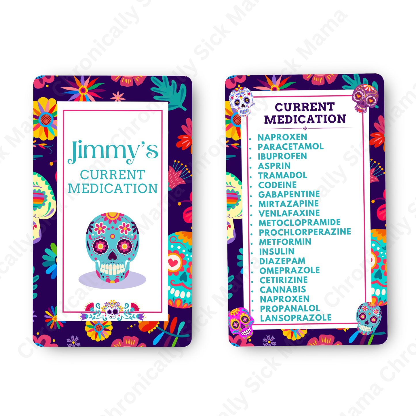 Day Of The Dead Candy Skull Design | Medical And Medication Cards | List Your Medical Conditions And Medication And Never Forget Them