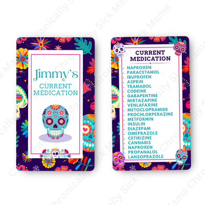 Day Of The Dead Candy Skull Design | Medical And Medication Cards | List Your Medical Conditions And Medication And Never Forget Them