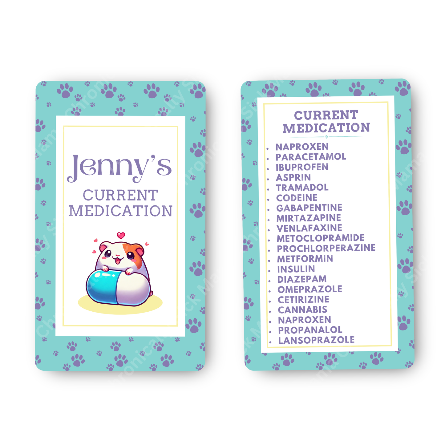 Paw Prints Design | Medical And Medication Cards | List Your Medical Conditions And Medication And Never Forget Them