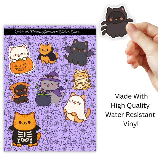 Spooky Cat Trick Or Meow Vinyl Sticker Sheet | Halloween Stationary