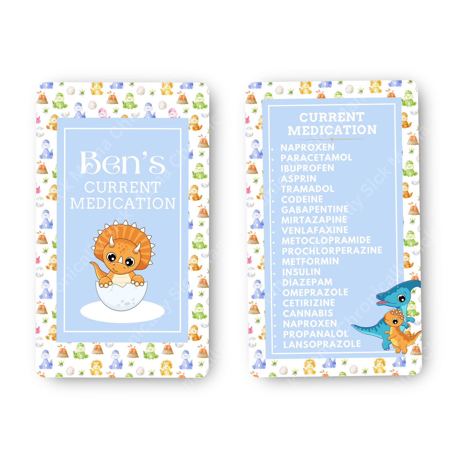 Kids Dinosaur Design | Medical And Medication Cards | List Your Medical Conditions And Medication And Never Forget Them