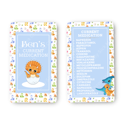 Kids Dinosaur Design | Medical And Medication Cards | List Your Medical Conditions And Medication And Never Forget Them