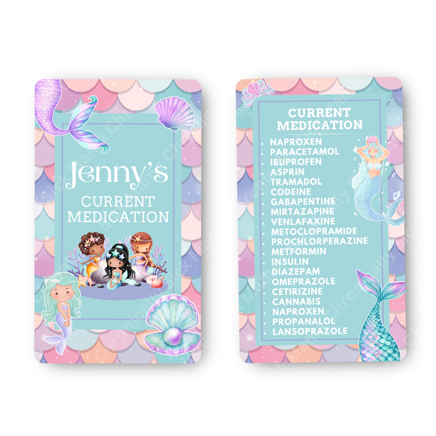 Kids Mermaid Princess Design | Medical And Medication Cards | List Your Medical Conditions And Medication And Never Forget Them
