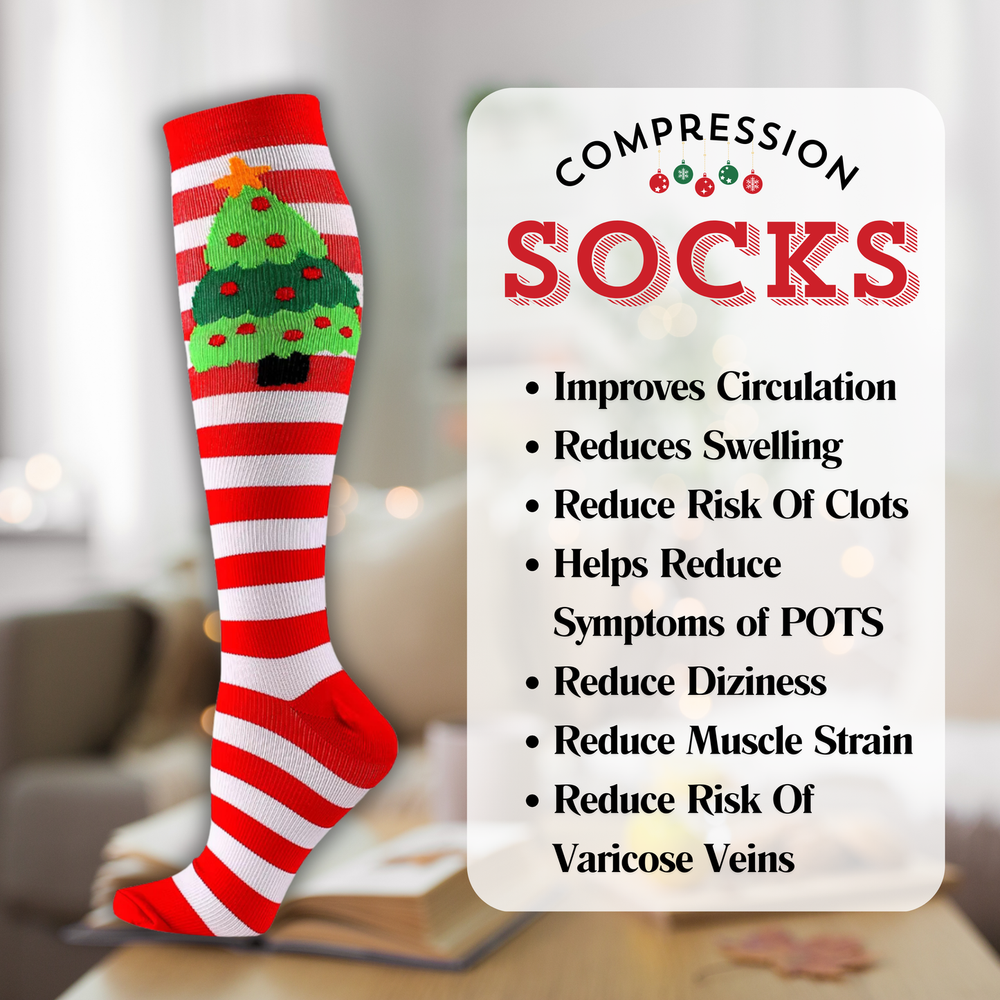 Christmas Compression Socks Striped Christmas Tree