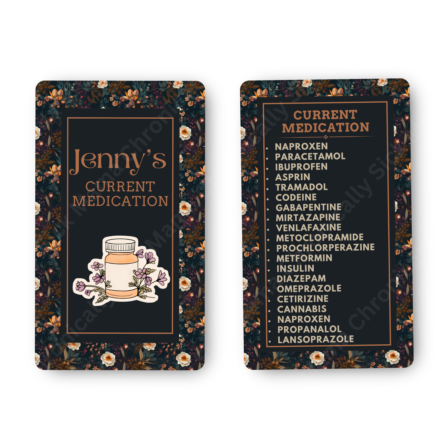 Autumnal Fall Orange And Black Floral | Medical And Medication Cards | List Your Medical Conditions And Medication And Never Forget Them